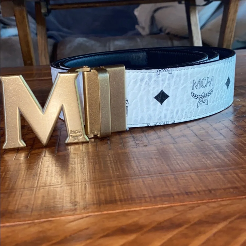 NWT MCM Spanish Calf Leather Skinny Belt Diamond Buckle 24k Gold Plated White MCM White Diamond Buckle Belt in Spanish Calf Leather 85CM  main image 2